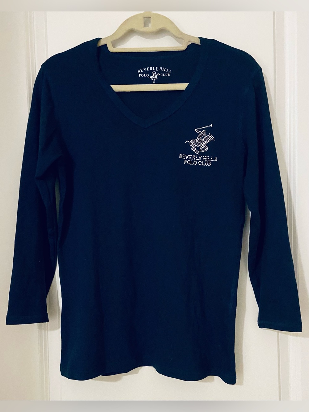 Beverly Hills Polo Club Navy Long Sleeve V-Neck Tee Rhinestone Logo